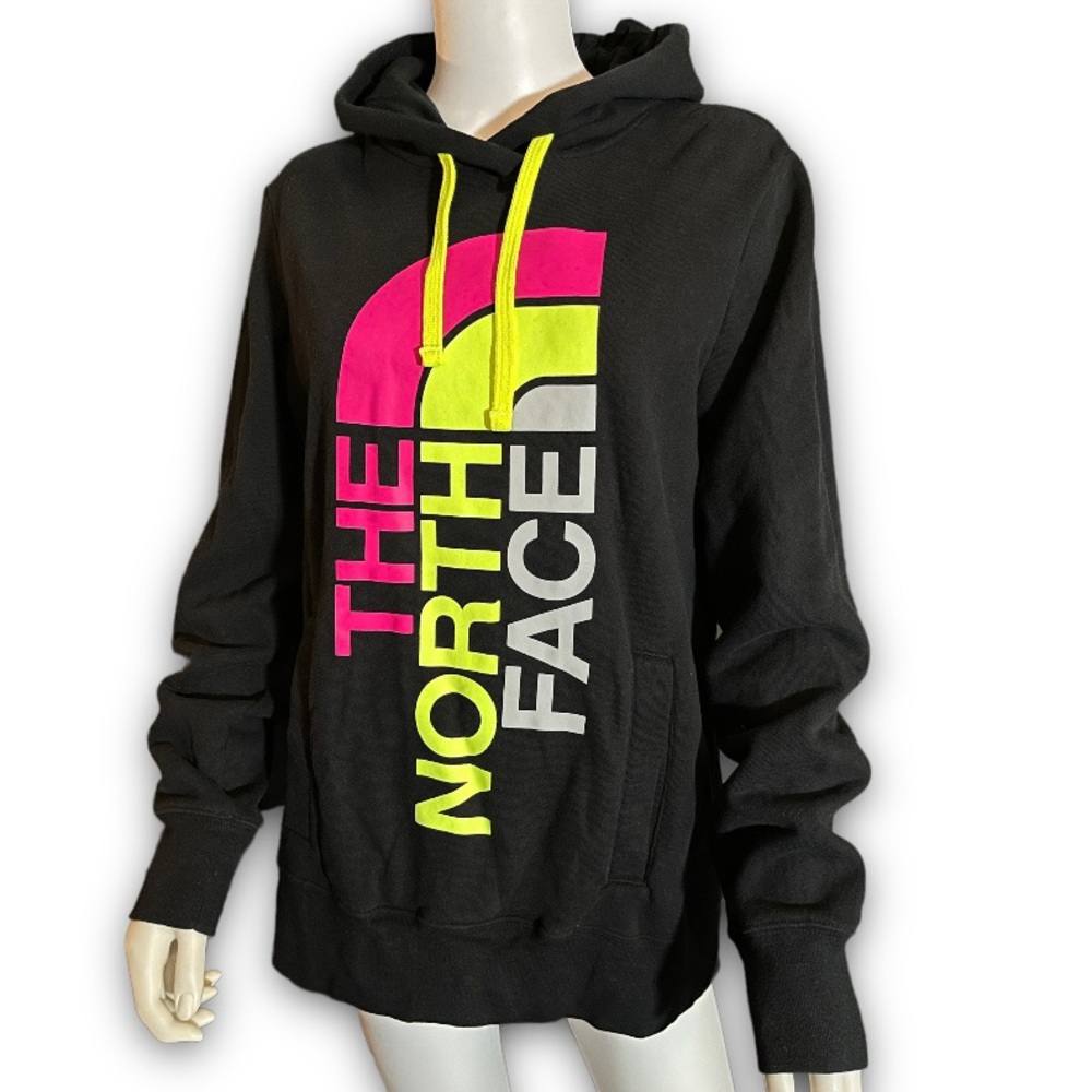THE NORTH FACE Trivert Logo Pullover Neon Pink Yellow Black Hoodie Sweater L